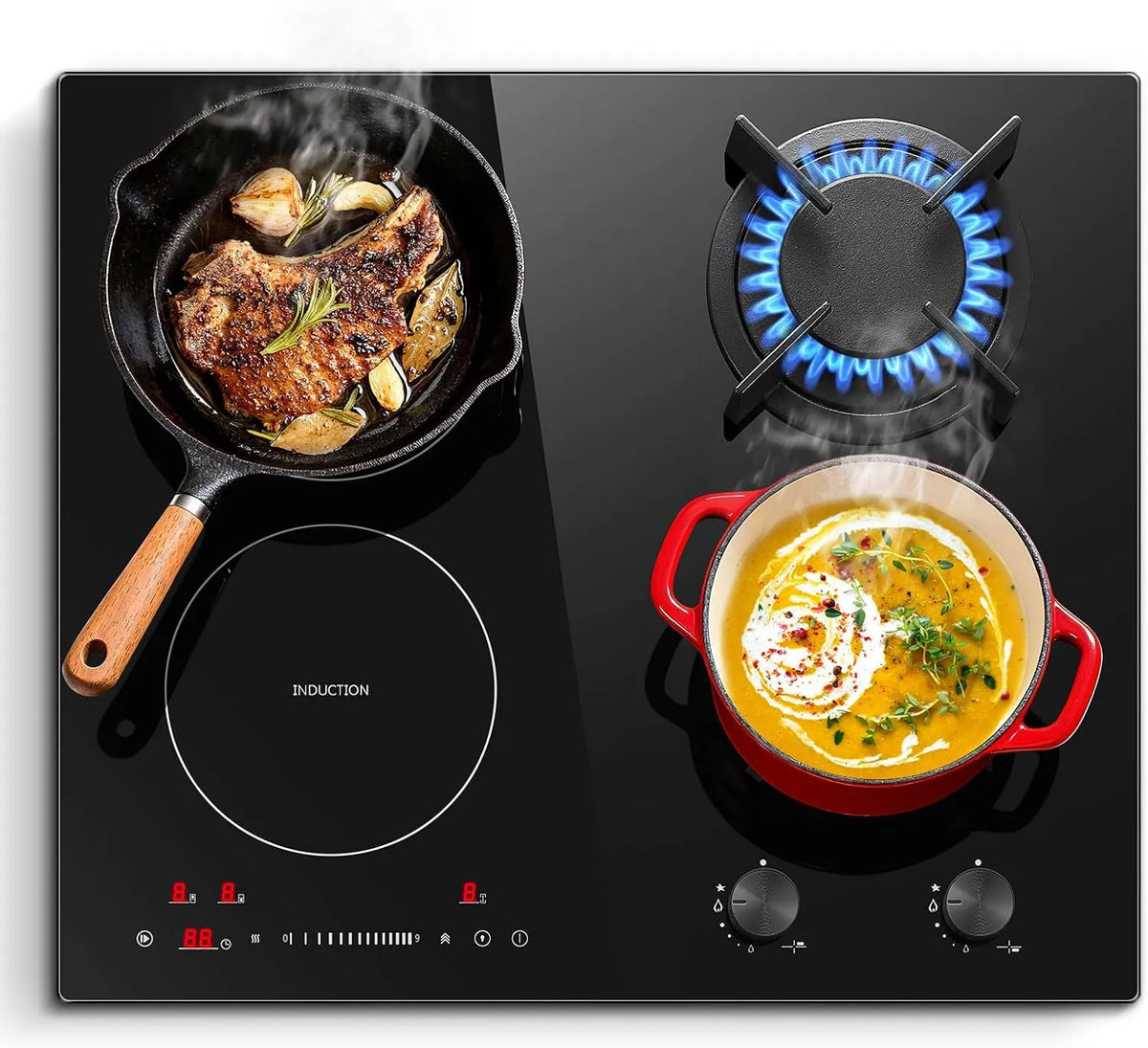 Induktionskochfeld, SNDOAS 59cm Gaskochfeld Kombination Einbau, 7500W Gesamtleistung, 2x Induktion, Leistung 4100W, 2x Gas, Leistung 3400W, Timer