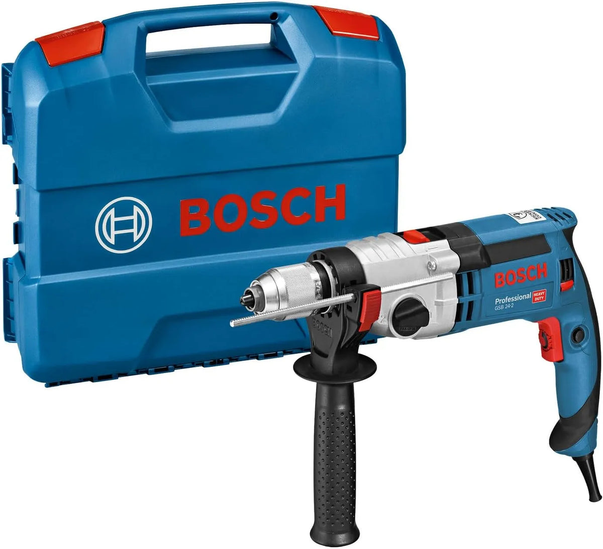 Bosch Professional Schlagbohrmaschine -2, Leistung 1100 Watt GSB 24, Max. Drehmoment: 40/14,5 Nm, L-Case, inklusive. Schnellspannbohrfutter