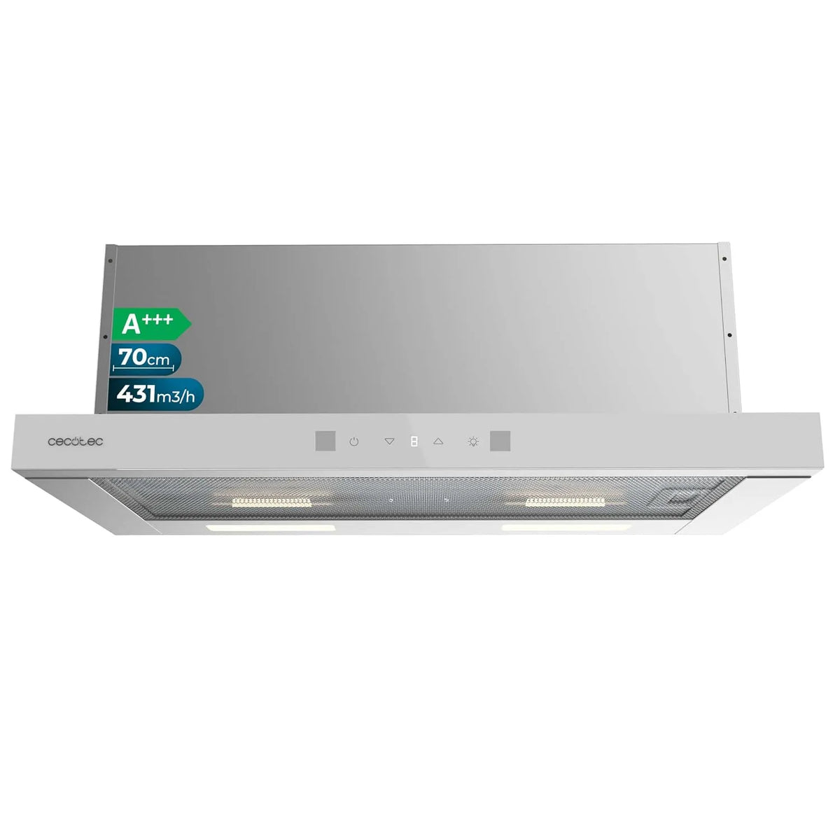 Cecotec Dunstabzugshaube 704400, Breite 70 cm, Saugleistung 431,2 m³/h, Bolero Flux TLT Glass White A+++, DC-Motor, niedriger Stromverbrauch