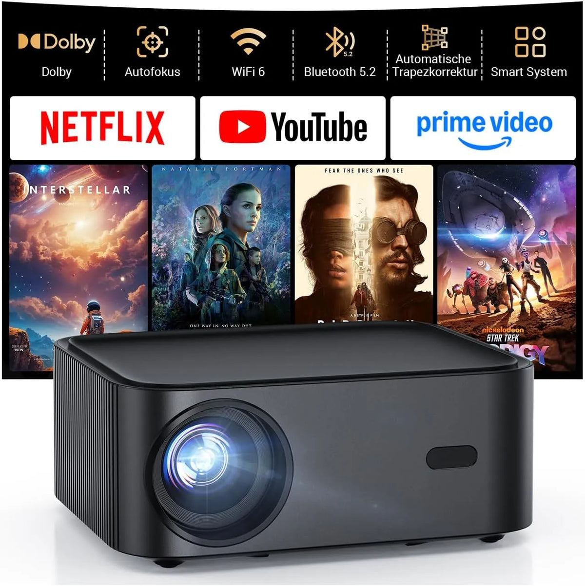 4K Smart Beamer mit integrierter Netflix-App, WiFi 6 & Bluetooth, Dolby Audio & HDR, Streaming & Spiele ohne TV-Stick, Projector Für Garten