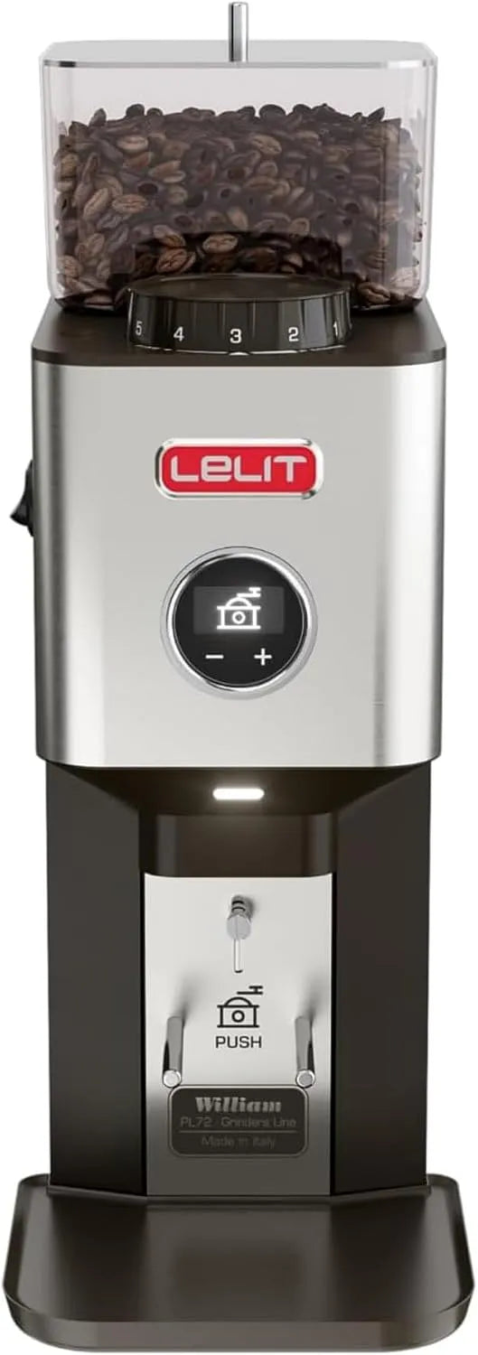 Kaffeemühle PL72 LELIT William, mit flachem Mahlwerk, Mit LCC zur Regulierung der Mahldauer, Gebürsteter Edelstahl