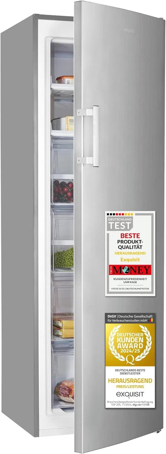 Exquisit Gefrierschrank GS5271-NF-H-040E, Fassungsvermögen 204 l Nutzinhalt, 39 dB, Energieklasse E, NoFrost, Schnellgefrieren, Türalarm, hohe Bauform
