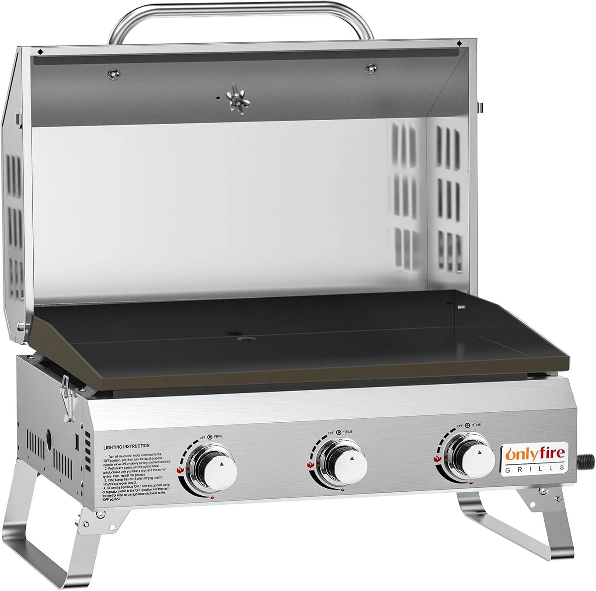 Gasgrill, Onlyfire Tischgasgrill mit 3 Brenner, Grillfläche 57 x 36 cm, Edelstahl Plancha, mit Deckel, Grillplatte, Thermometer, BBQ Camping