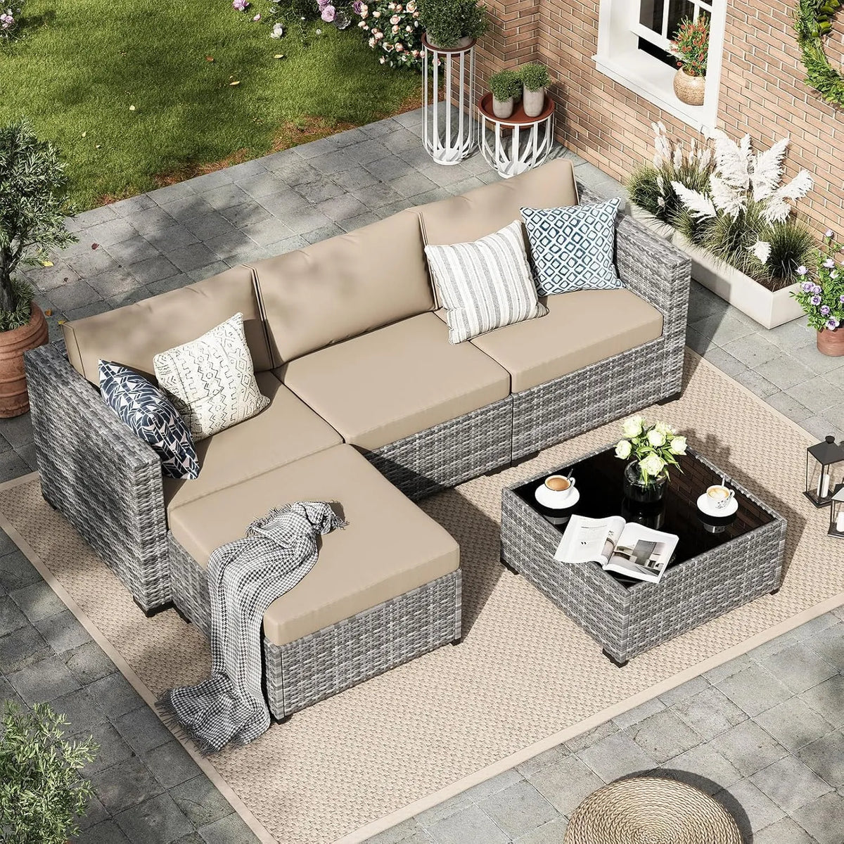 Sofa 3er, Amopatio Rattan Gartenmöbel-Set, Kissen und Glastisch für Garten, Lounge-Set, Poly Rattan Sitzgruppe Couch 5 Teilig mit, Sessel