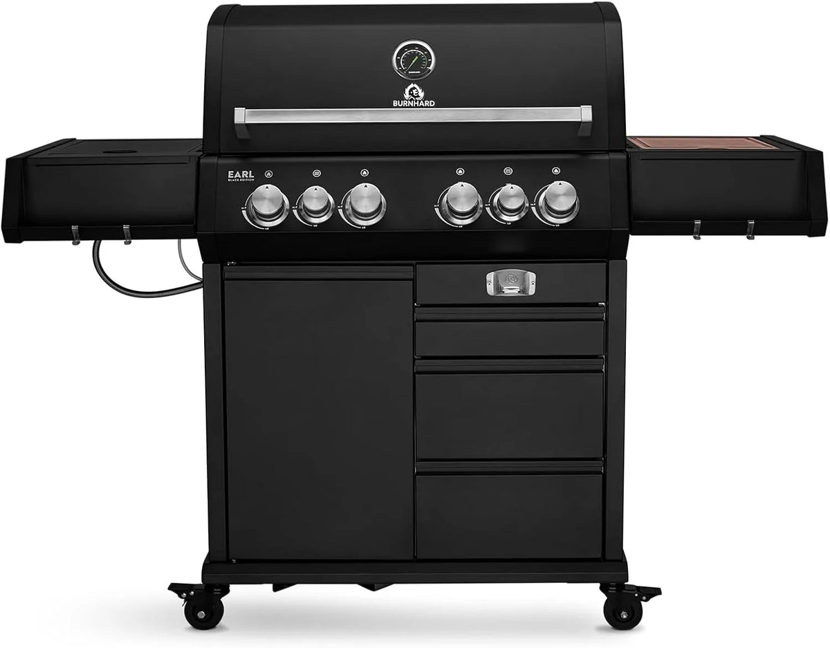 Gasgrill BURNHARD, 4-Brenner inklusive. Heckbrenner, mit Gusseisen Grillrost & inklusive. stabiler Abdeckhaube, Big EARL, in Schwarz