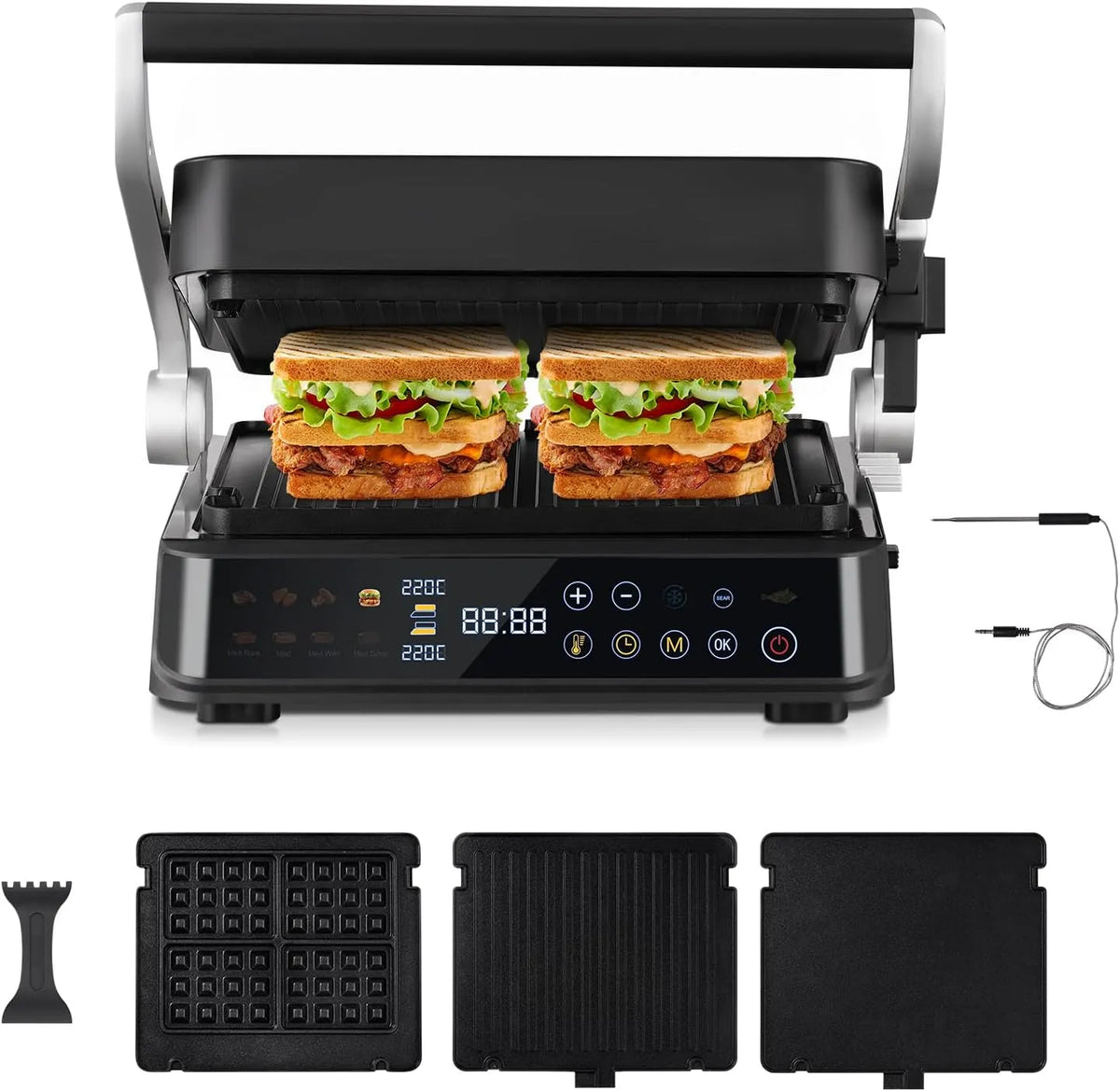 Grill, AMZCHEF 6-in-1 Health & Griddle with 180° Adjustable Plates, 280°C, 4 Non-Stick Plates for Steaks & More, Leistung 2000W, GrillBoost, Indoor