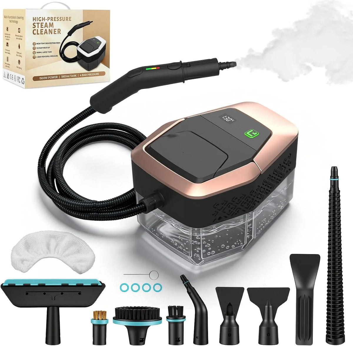 Dampfreiniger 11PCS, Fassungsvermögen 1,8 l Wassertank, handdampfreiniger mit Zubehör für Auto, Küche, Handgerät 1500W unter Druck, 15 s Aufheizzeit