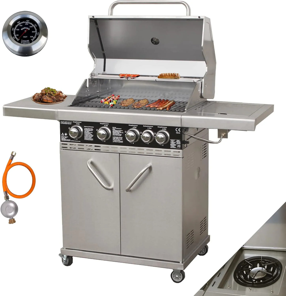 Gasgrill, Chef 4 Echte Edelstahl Konstruktion Grillstation Grillwagen 4+1