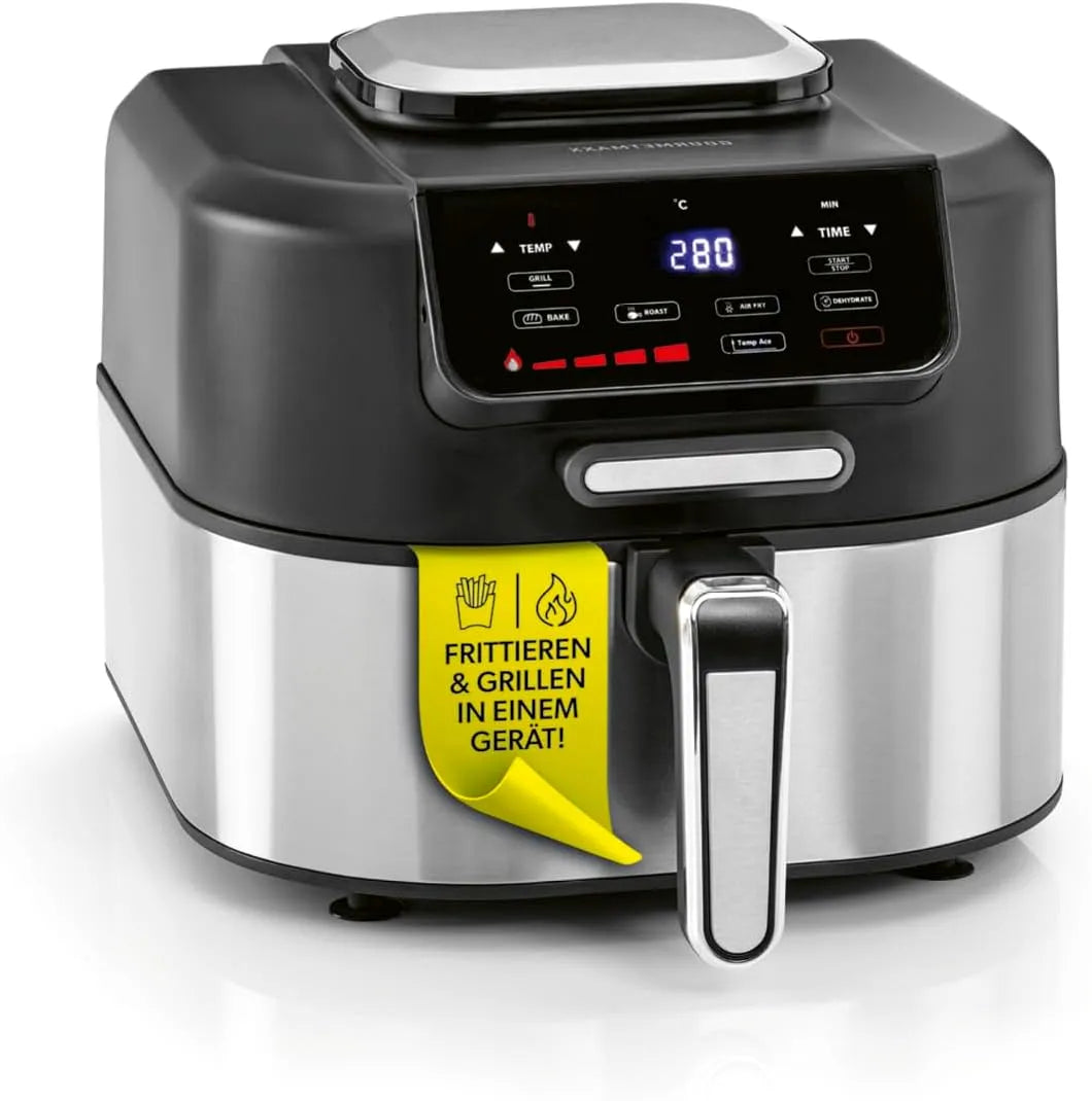 Heißluftfritteuse 2in1 GOURMETmaxx, Fassungsvermögen 5 L Multikocher Heissluftfritteuse mit 5 Modi inklusive. Dörren, FryBBQ, Airfryer mit Ober