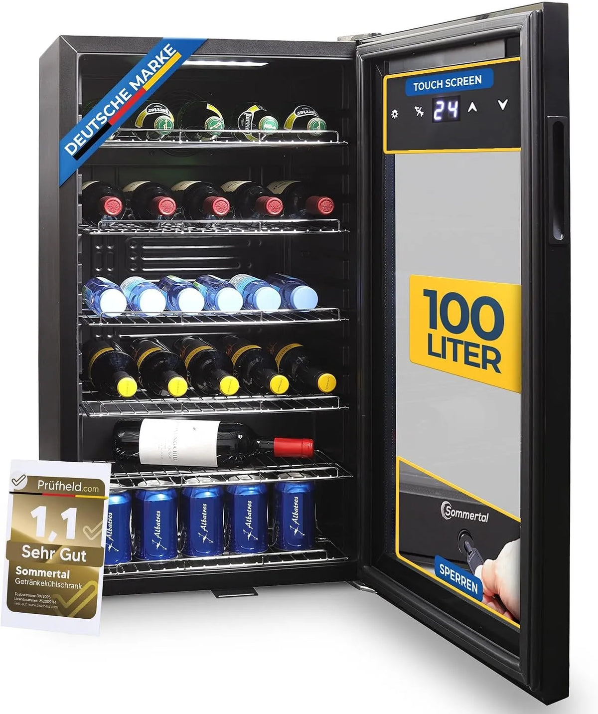 Kühlschrank GK100 Sommertal, Touchscreen & Schloss kleiner Flaschenkühlschrank in Schwarz 100L, Leiser Getränkekühlschrank mit LED