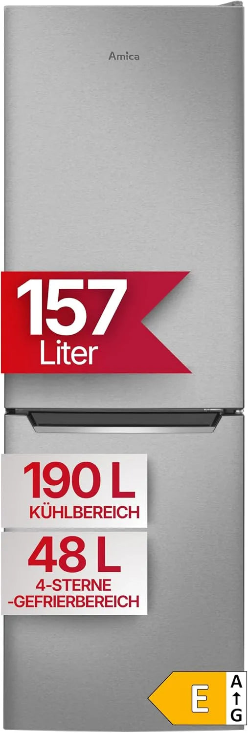 Amica, Kühl Gefrierkombination in freistehender Ausführung 144 cm 157 l Nutzinhalt, mit Superkühlfunktion und Supergefrierfunktion, Edelstahloptik