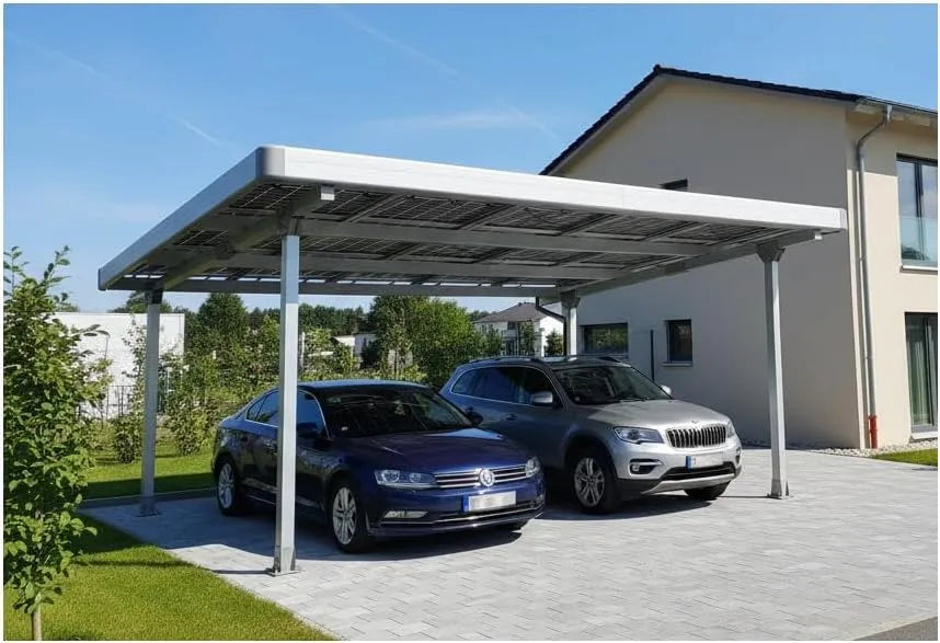 Carport Doppelcarport, für 2 Autos inklusive. 15 Solarmodule mit Dachverkleidung & Regenrinne, Silber