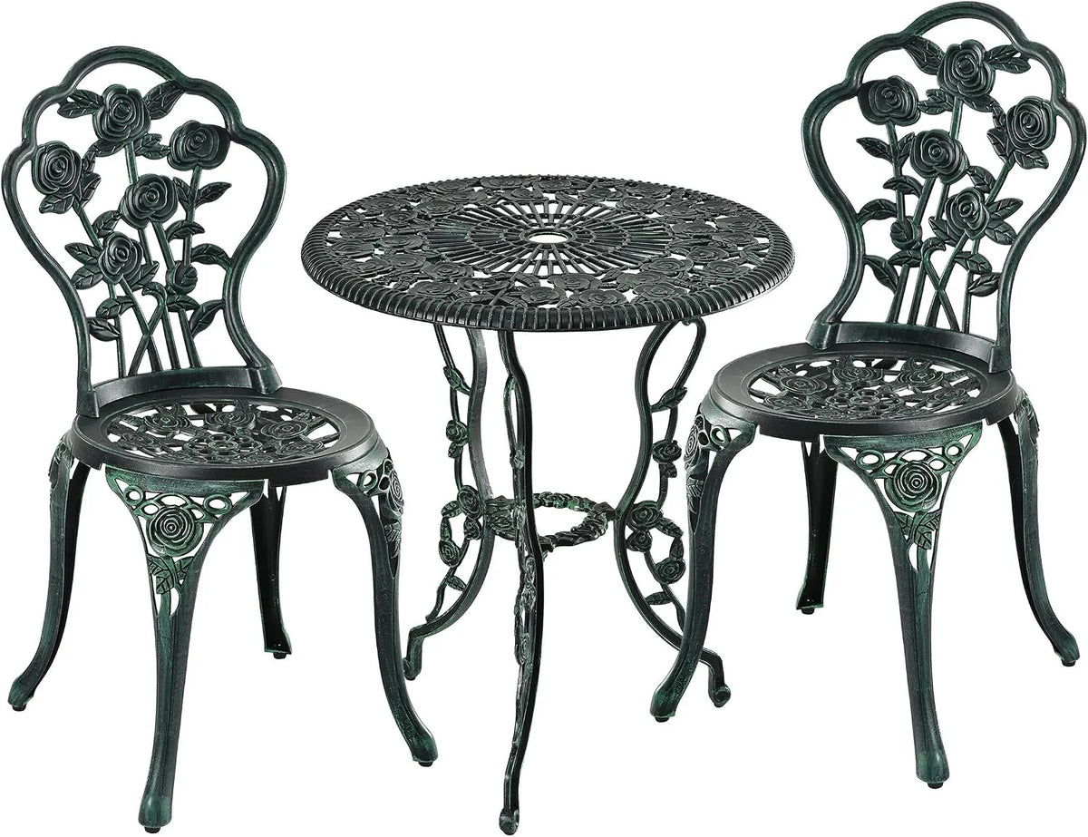 Tisch, 3-teilig, & 2 Stühle, Relaxdays Gartenmöbel Set, Vintage Balkonmöbel, Aluguss, Garten Sitzgruppe, grün, in Schwarz