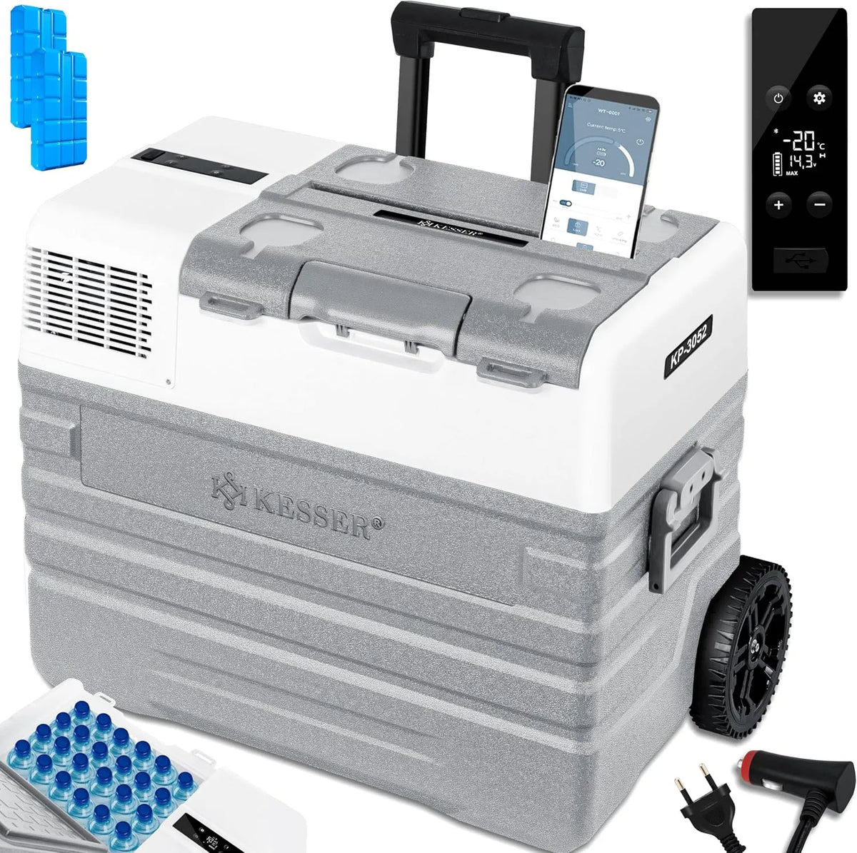 Kesser Kompressor, Fassungsvermögen 52 Liter Mit APP-Steuerung USB-Anschluss 12/24 V 230V, +Teleskopstange, Boot + Kühlakku, Lkw