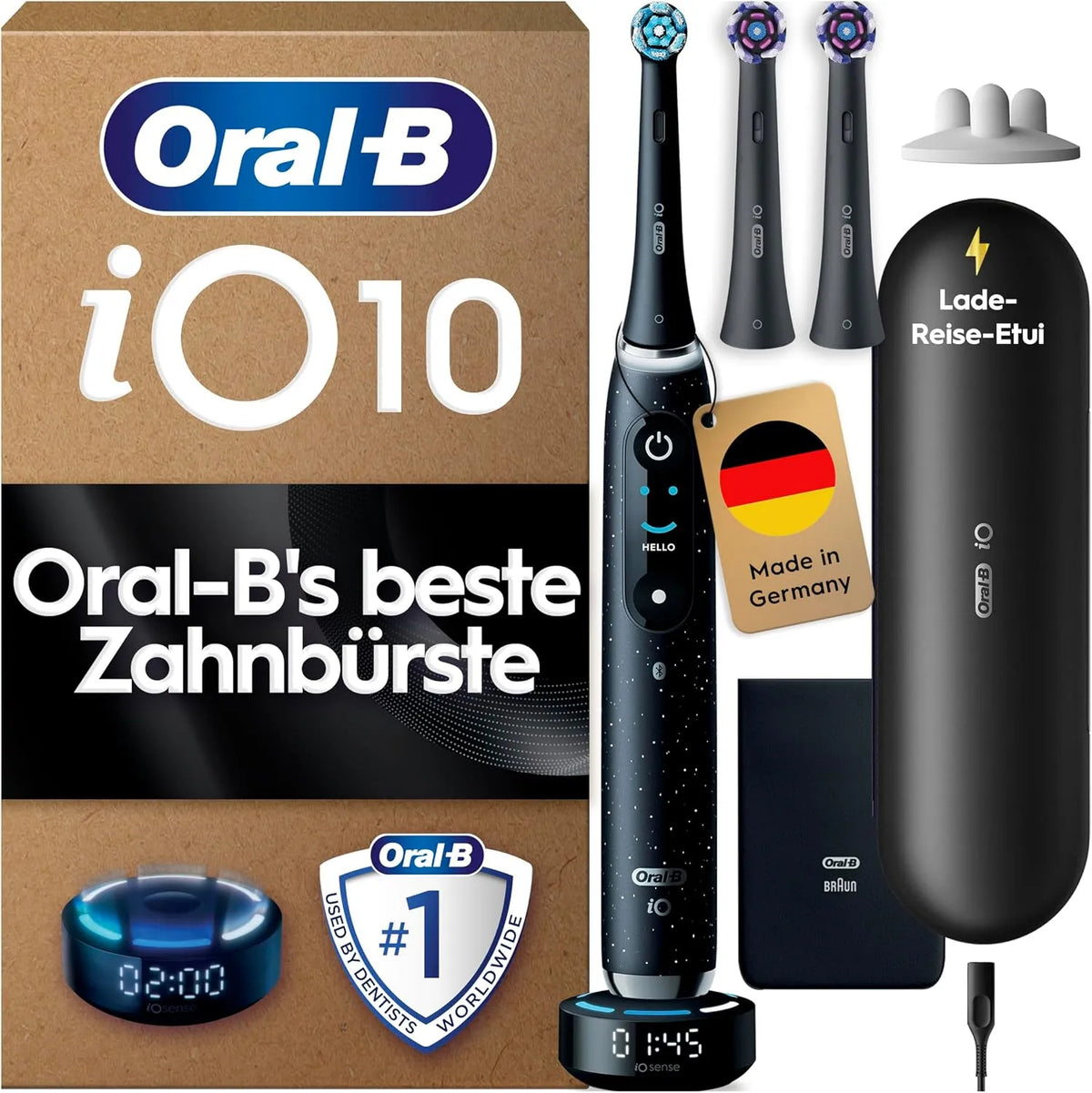 Braun Oral-B iO Series 10 Elektrische Zahnbürste, inklusive. 3 Aufsteckbürsten, Electric Toothbrush, Lade-Reise-Etui, Designed by, iOSense