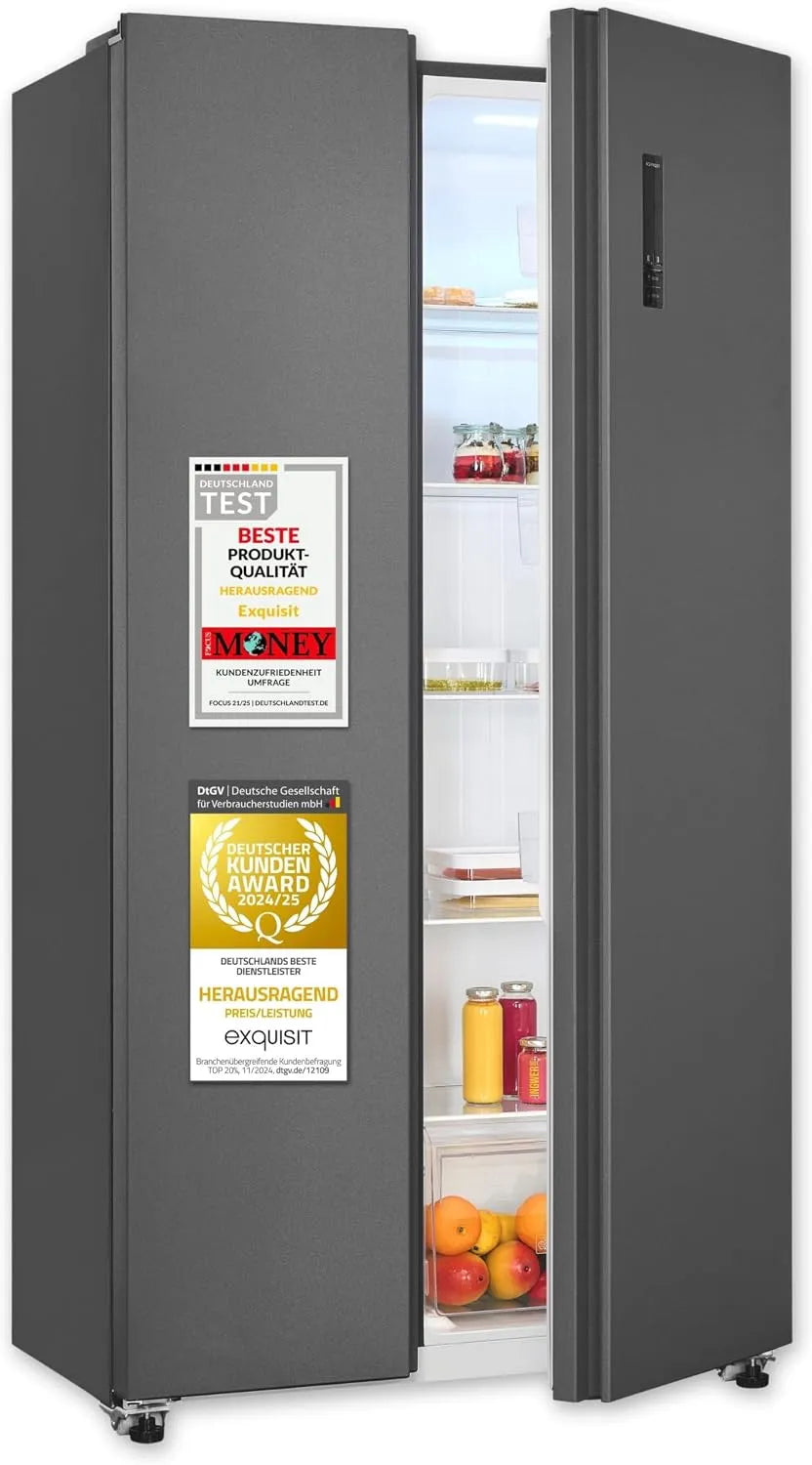 Exquisit Kühlschrank SBS546-040E, 91 cm Breite, Fassungsvermögen 442 Liter, 10 Ablagen, Side-by-Side mit Gefrierteil, No-Frost, LED-Anzeige, anthrazit