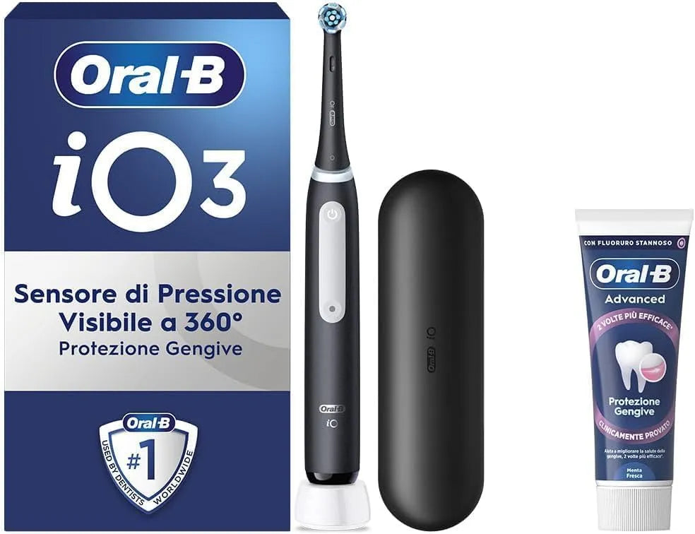 Elektrische Zahnbürste iO 3 Farbe Schwarz Oral-B Wiederaufladbare, 1 Ersatzkopf, Reiseetui + Zahnpasta Oral-B Advanced Zahnfleischschutz