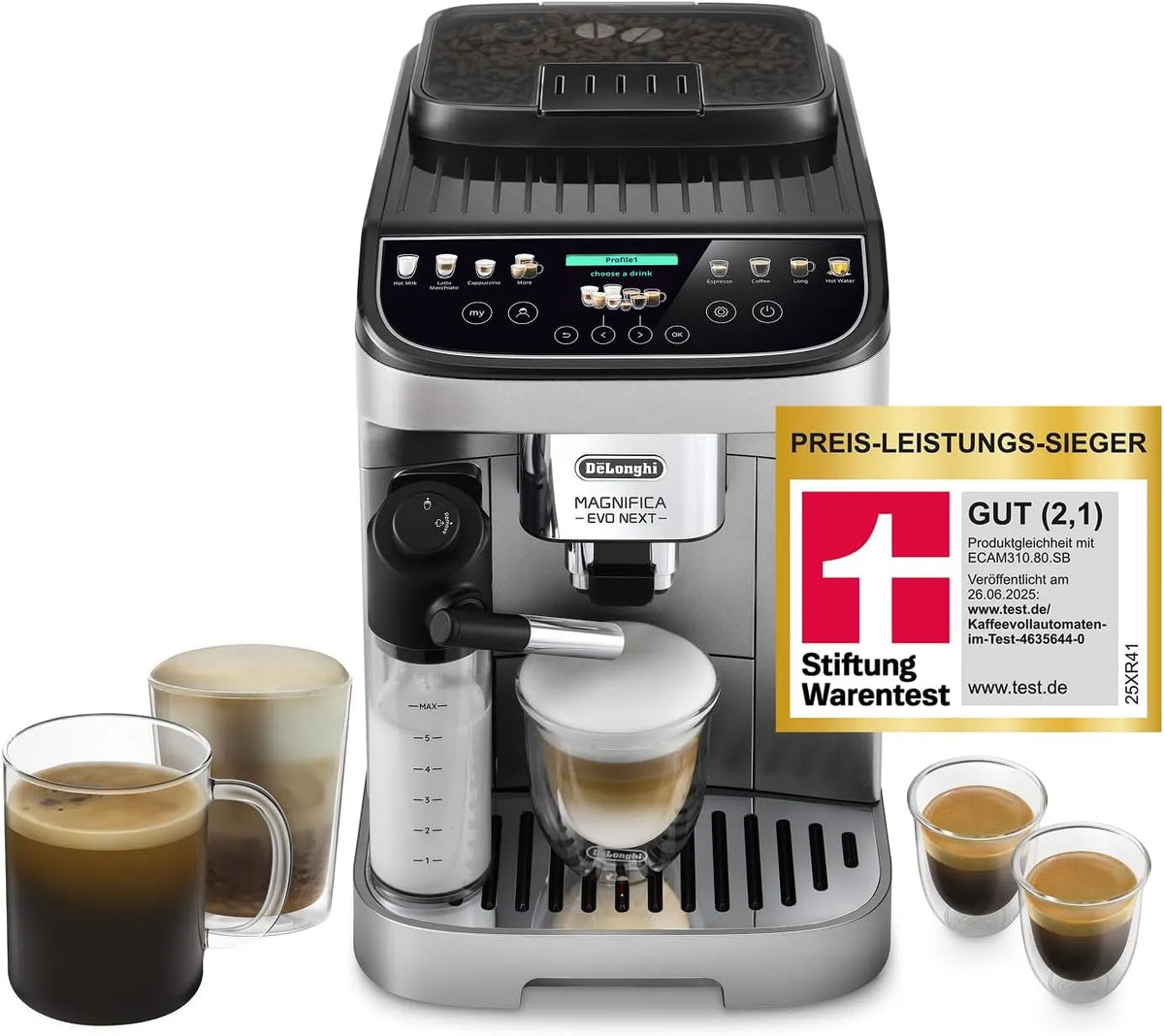 De'Longhi Kaffeevollautomat ECAM312.80.SB, 13 One-Touch-Getränke, Perfetto mit LatteCrema-Milchaufschäumer, Silber, Magnifica Evo Next