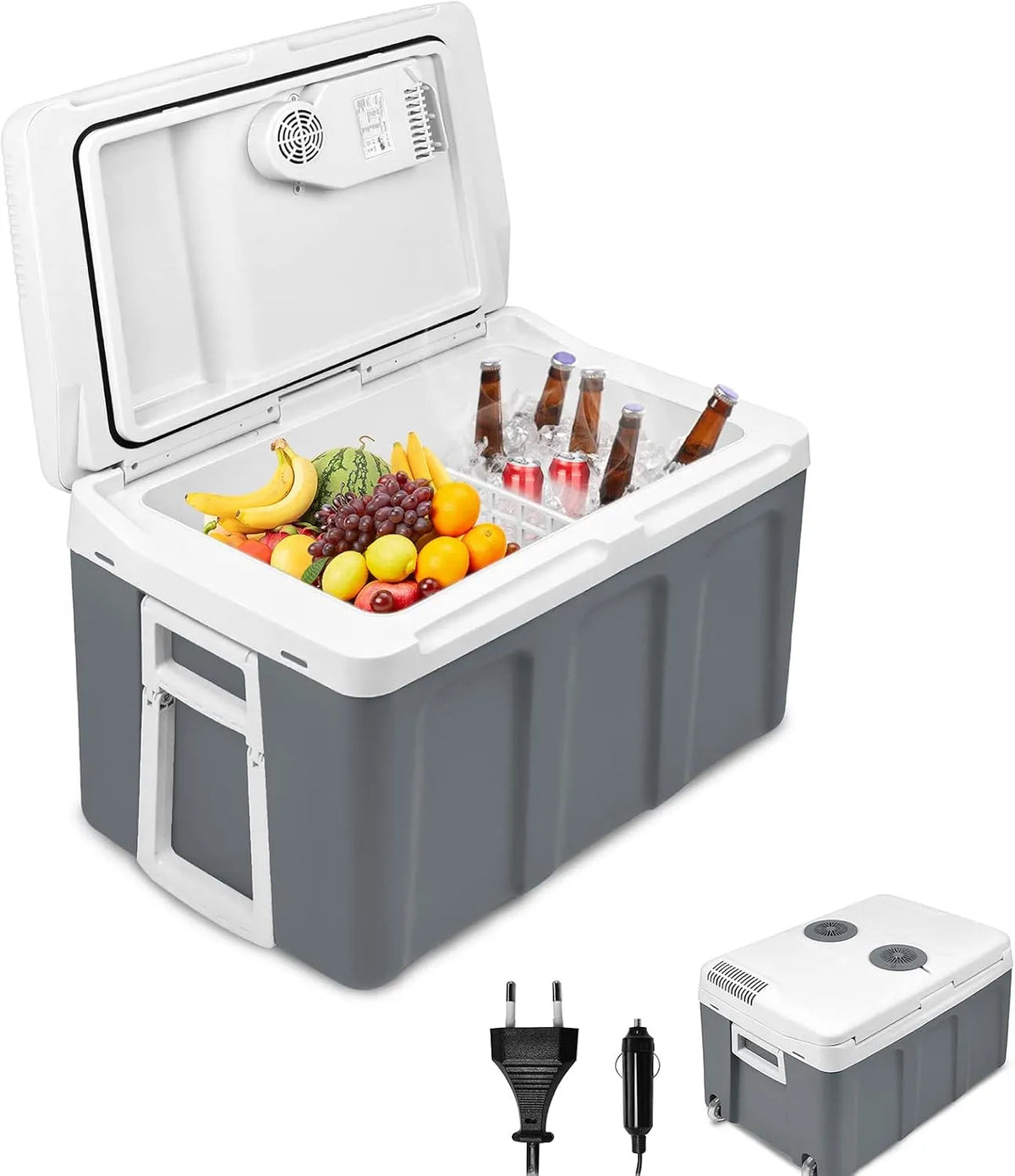 Kühlbox, AufuN 48L mit Rollen, mit ECO Modus, Lkw, Reisemobil und Steckdose, Mini-Kühlschrank, Spannung 12 V und 230 V für Auto, Boot, Farbe Grau