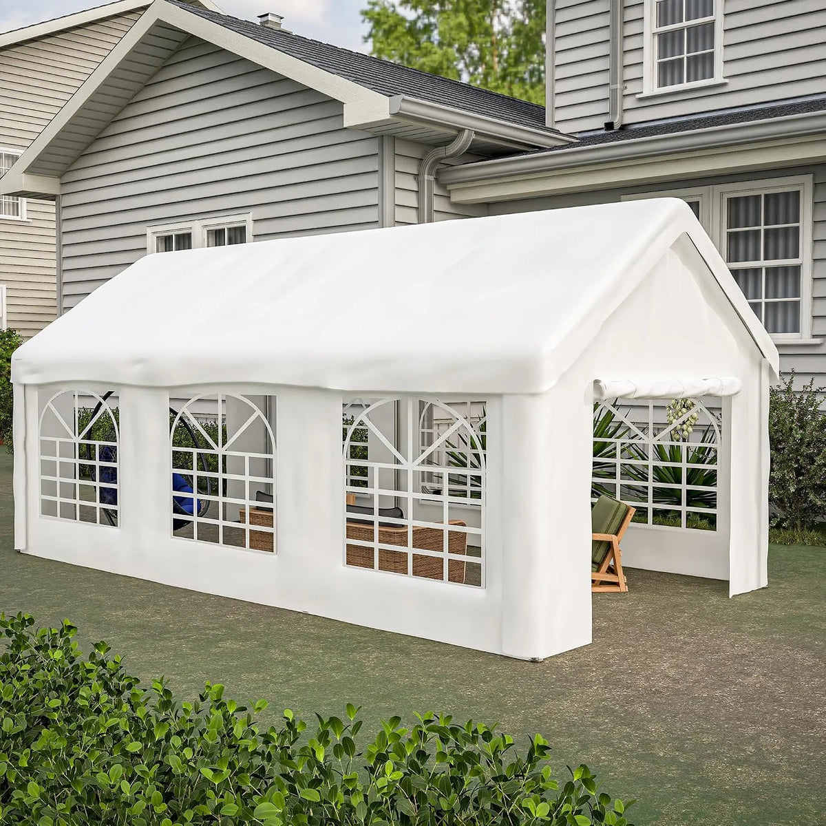 Carport 6+White, 3 * + PE Rattan, Abnehmbaren Seitenwänden & Dach, Stallzelt, SUV, Farbe Grau, Garage Zelt 3x6m, Winterfest mit Roll-Up-Fenstern