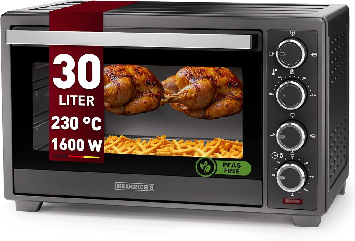 Backofen, 100-230 °C, klein mit Drehspieß, Innenraumbeleuchtung, inklusive. Zubehör, Heinrich´s Minibackofen mit Umluft 30L, Leistung 1600W