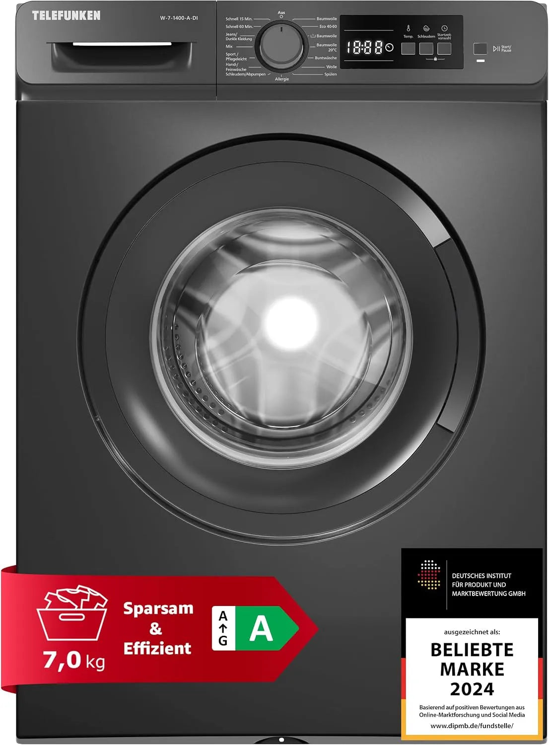 Telefunken Waschmaschine 1400, Gewicht 7kg, W-7 -A-DI, 15 Betriebsprogramme, Washing Machine, Inverter-Motor, Frontbeladung U, Min., Leise & Effizient