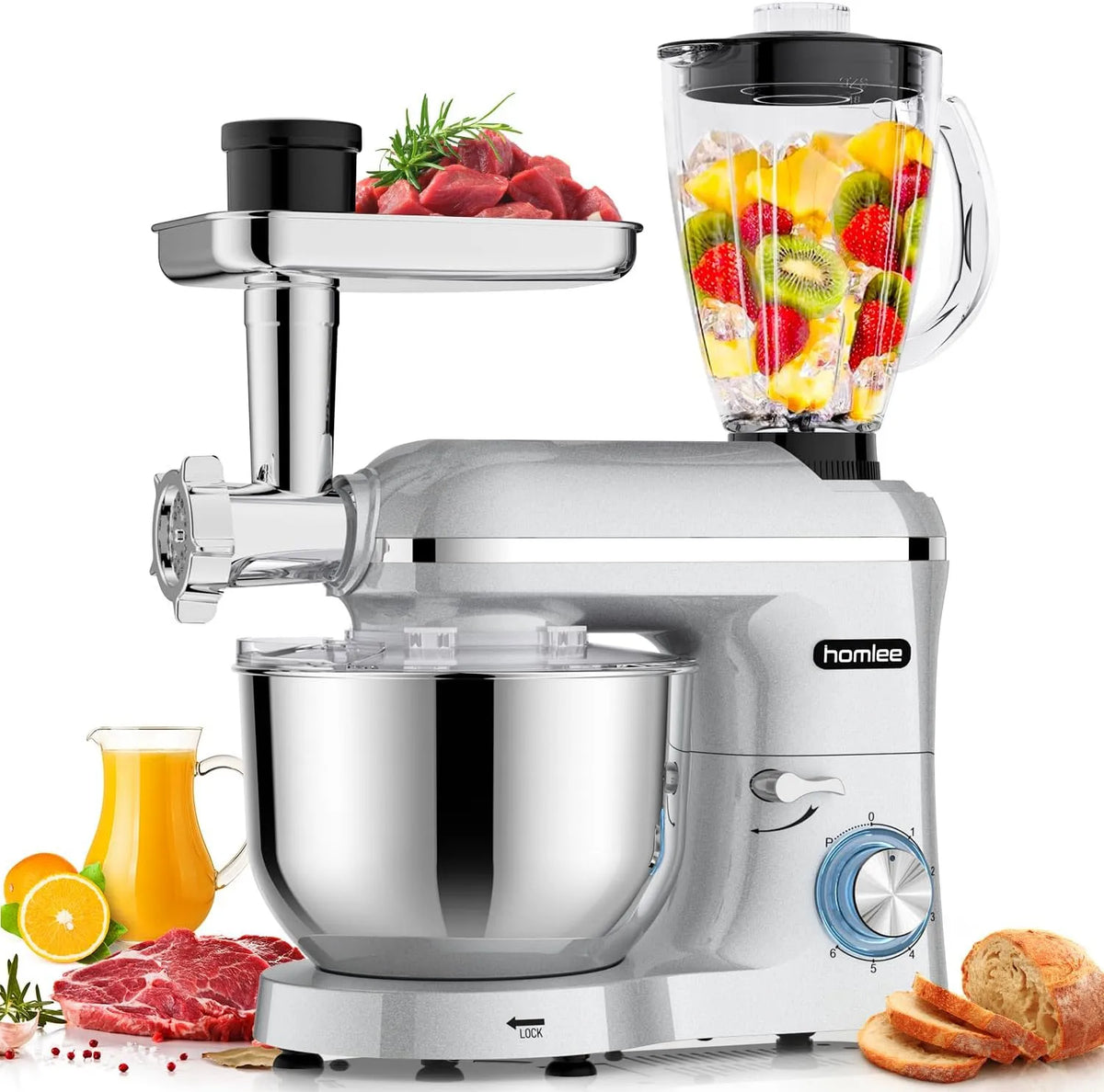 Küchenmaschine, 3 in 1 Universal 2000W Multifunktionale Knetmaschine 6-stufige Gescheindigkeit Mixer, Fassungsvermögen 1.5L Saftpresse