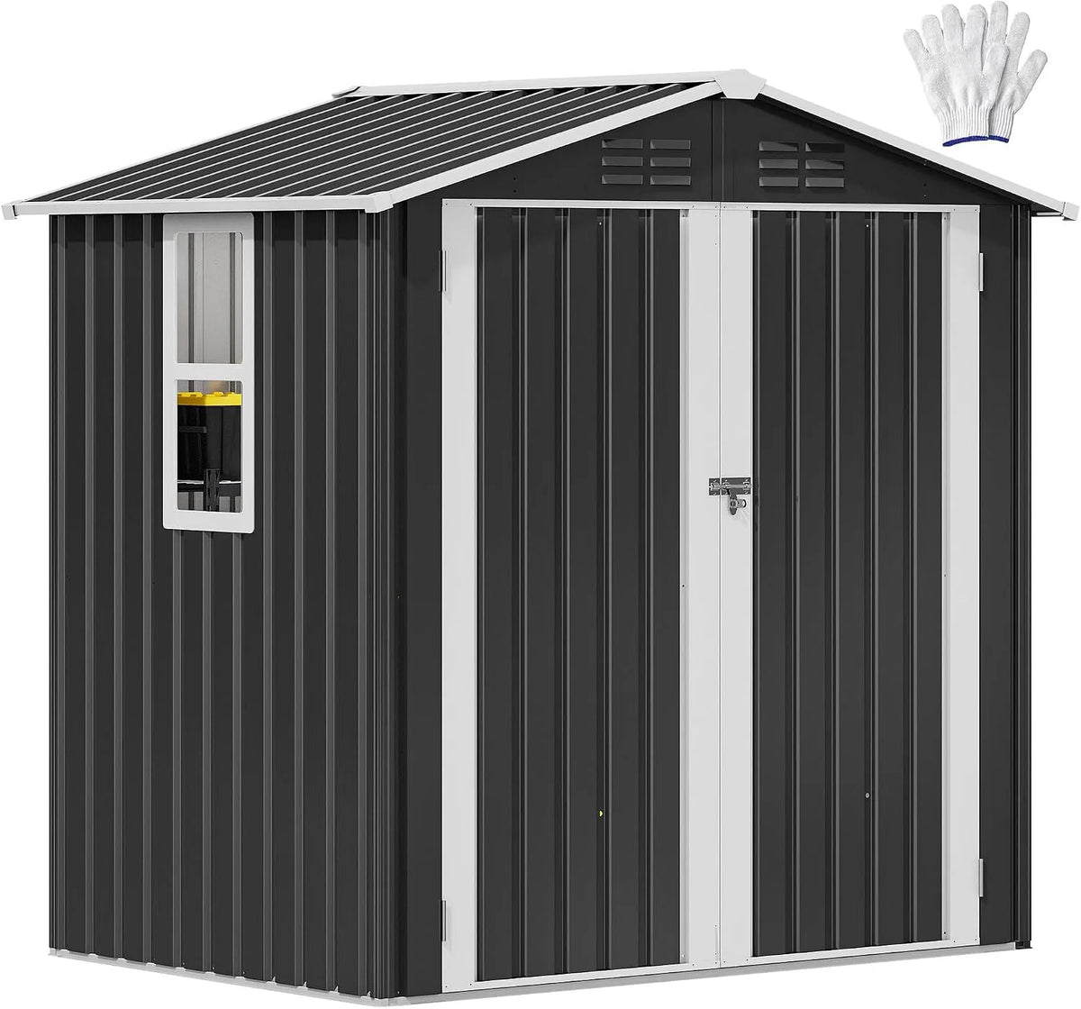Gartenhaus L171 W118 H185cm, 6x4 Fuß mit Fenster, abschließbaren Türen & Schrägdach, Geräteschuppen für Terrasse und Garten, Farbe Grau-Weiß