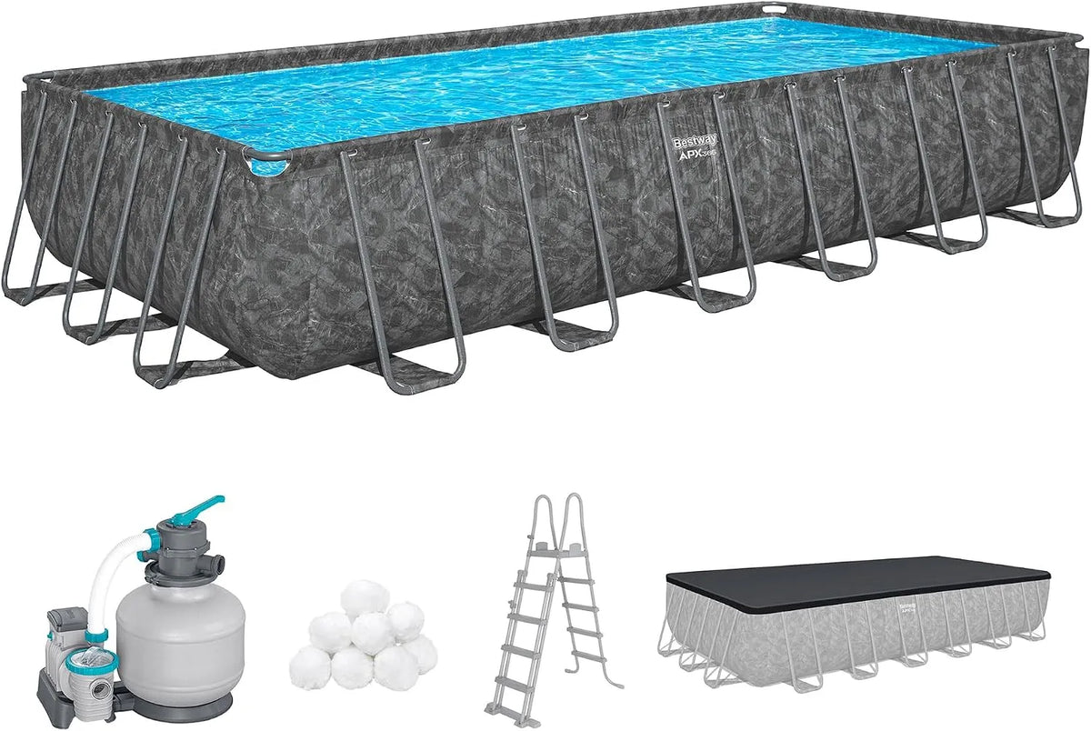 Bestway Pool APX365, Maße 732 x 366 x 132 cm, Fassungsvermögen 30.045 Liter, Winterfestes Frame Set, Sandfilteranlage, Dunkle Marmor-Optik
