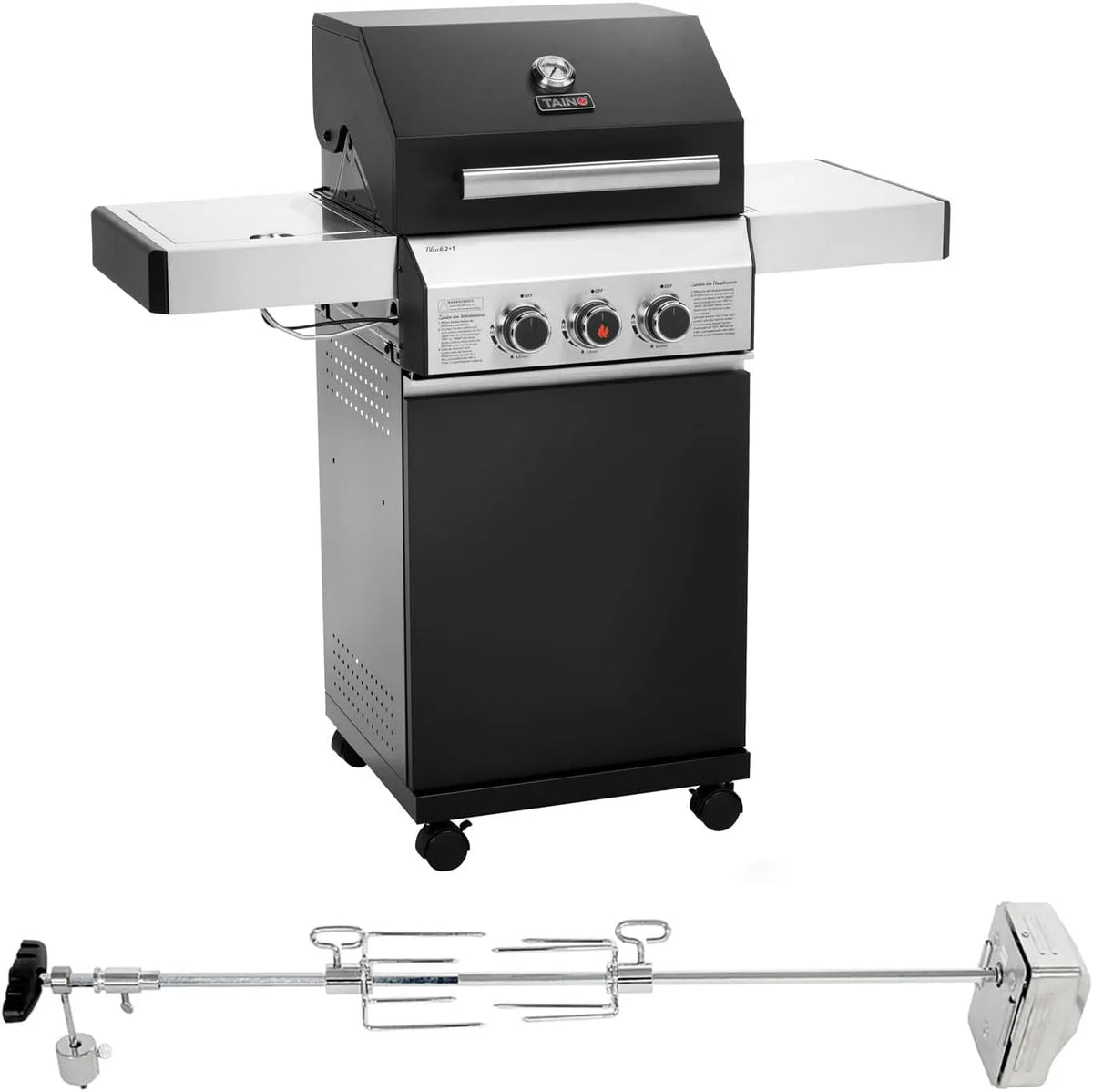 Gasgrill, TAINO BLACK 2+1 Set Drehspieß 2 Brenner, Motor in Schwarz, mit, mit Seitenkocher Matt Fettwanne Edelstahl Rotisserie