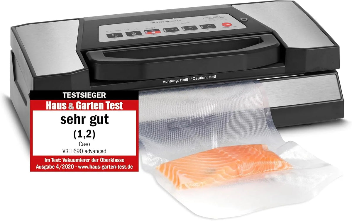 Caso advanced Vakuumierer Testsieger, 150 Vakuumiervorgänge nonstop VRH 690, Fassungsvermögen 20 Liter, inklusive. 2 Profi- Folienrollen, Min, Cutter