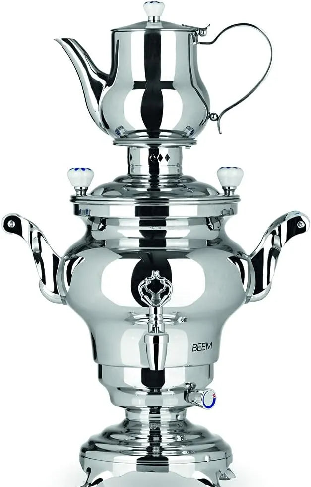 Samowar Odessa III BEEM 06127, Fassungsvermögen 3 Liter, traditionelle Teezubereitung, Silber, Maße 53 x 34 x 25 cm, 2 Heizspiralen, Edelstahl