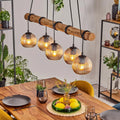 Koyoto Modell E27 HOFSTEIN Pendelleuchte, 5-flammige Hängelampe aus Metall, Holz, Bernstein, Glasschirme, Esszimmer, Küche, max. 150cm, Natur