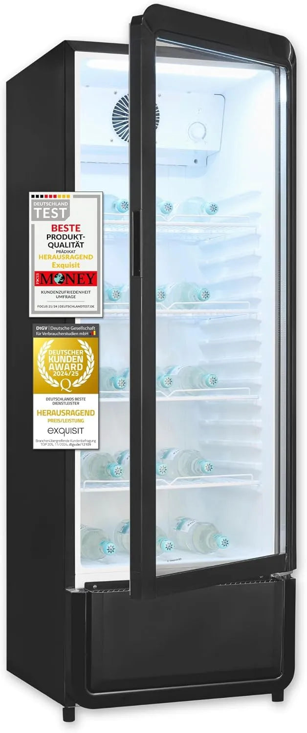 Exquisit Kühlschrank GKS5220-GT-431D, Fassungsvermögen 240l Getränkekühlschrank mit LED, Glastürkühlschrank, CoolPro, 153 cm Höhe, Umluft