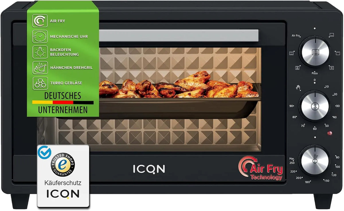 Heißluftfritteuse ICQN 20, 5 Grill-Funktion, 80°-250°C, Unterhitze mit Umluft-Funktion, Mini Oven, Backblech, Leistung 1500 W, 90 Min. Timer, Ober