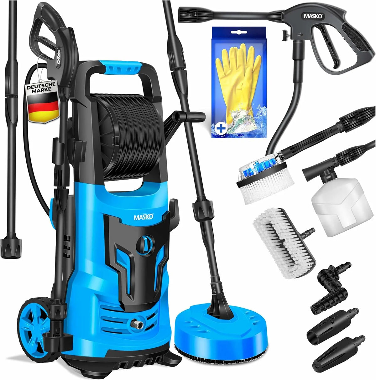 Hochdruckreiniger MASKO, mit Handschuhen, 2200 Watt 165 bar 450 l/h, mit Spule Schlauchtrommel 10m Schlauch 9 TLG Zubehör Set, Schaumdüse, Zäune