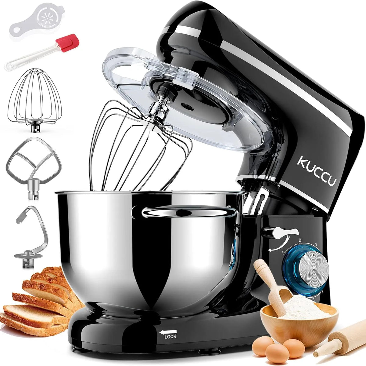Küchenmaschine 6+P KUCCU, inklusive. Knethaken Schneebesen Rührhaken, Leistung 1500W Knetmaschine mit 7L Edelstahl-Schüssel Doppelgriffen