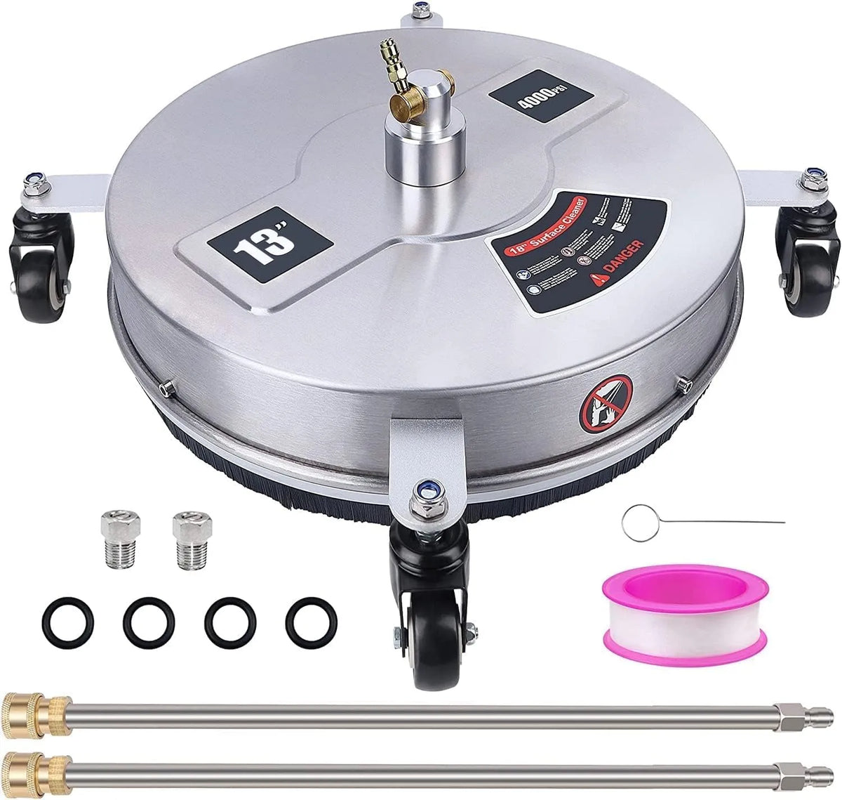 13' Pressure Washer Surface Cleaner with 4 Wheels 4000, Stainless Steel Housing & 1/4' Quick Connector, 2 Replacement Nozzles, PSI