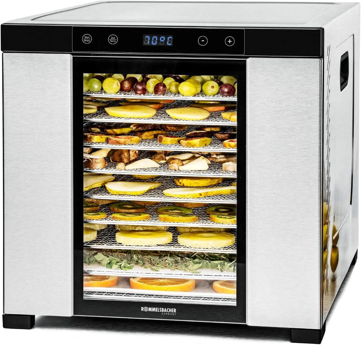 Tablet 24h-Zeitschaltuhr, ROMMELSBACHER Dörrautomat Edelstahl 1000W, XXL-Dörrfläche 1,6m², 10 Tabletts, 35-75°C, LED, temperaturregelbar