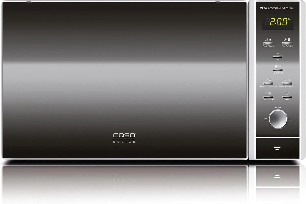 Caso Mikrowelle MCG25 3in1, Ceramic chef mit Grill und Heißluft 2050W, 110-200°C, Edelstahl verspiegelt, Fassungsvermögen 25 L, Borosilikatglasboden