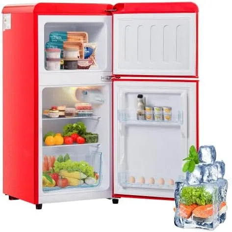 Kühlschrank Merax Retro, Fassungsvermögen 60 Litern Volumen und 22 Litern Gefrierraum, 120 kWh, mit Gefrierfach, LED-Licht, Zwei Fächer, Jahr