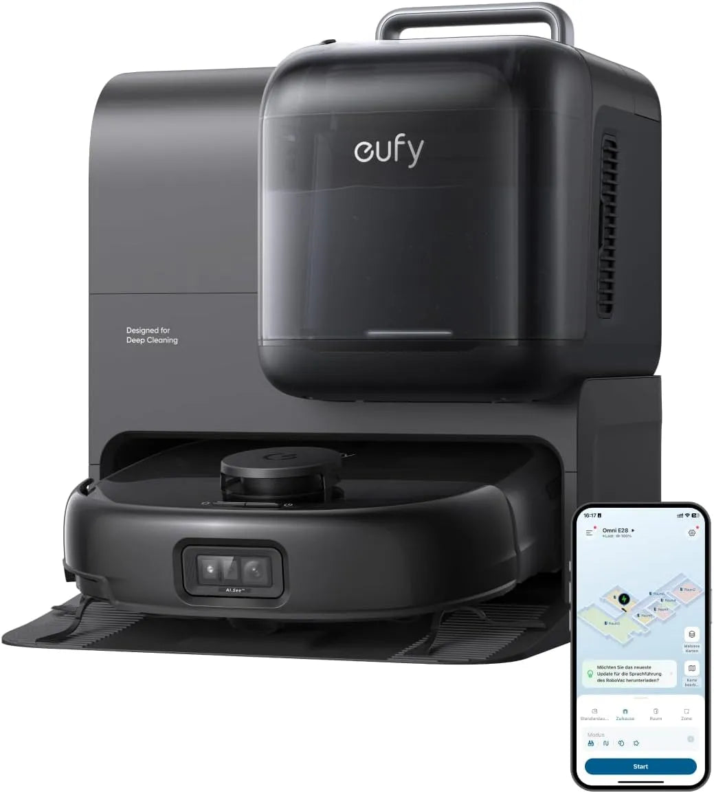Saugroboter E28 eufy Omni HydroJet, DuroSpiral Entwirrbürsten, All-in-One-Station, 20.000Pa Turbo-Saugkraft, tragbarer Tiefenreiniger