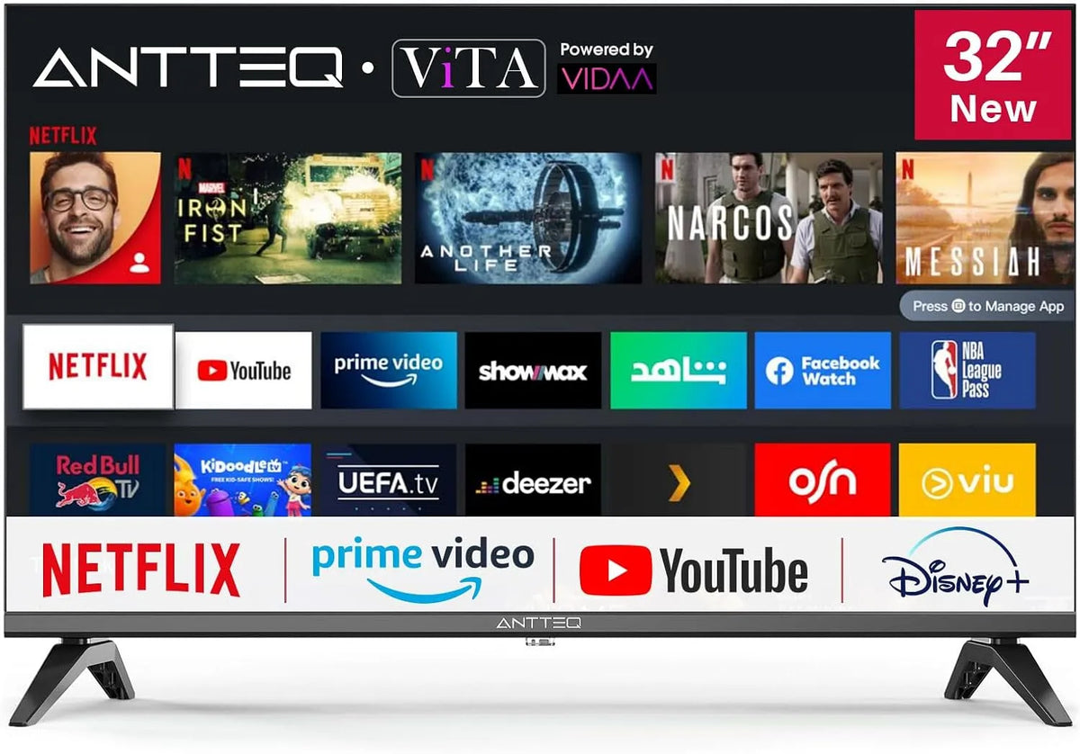Modell DVB-T2 V32-AH3.Q1L Antteq, Fernseher 80 cm, S2, Kinderprofil, Netflix, YouTube, Hotelmodus, HD Smart TV 32 Zoll, mit Triple Tuner