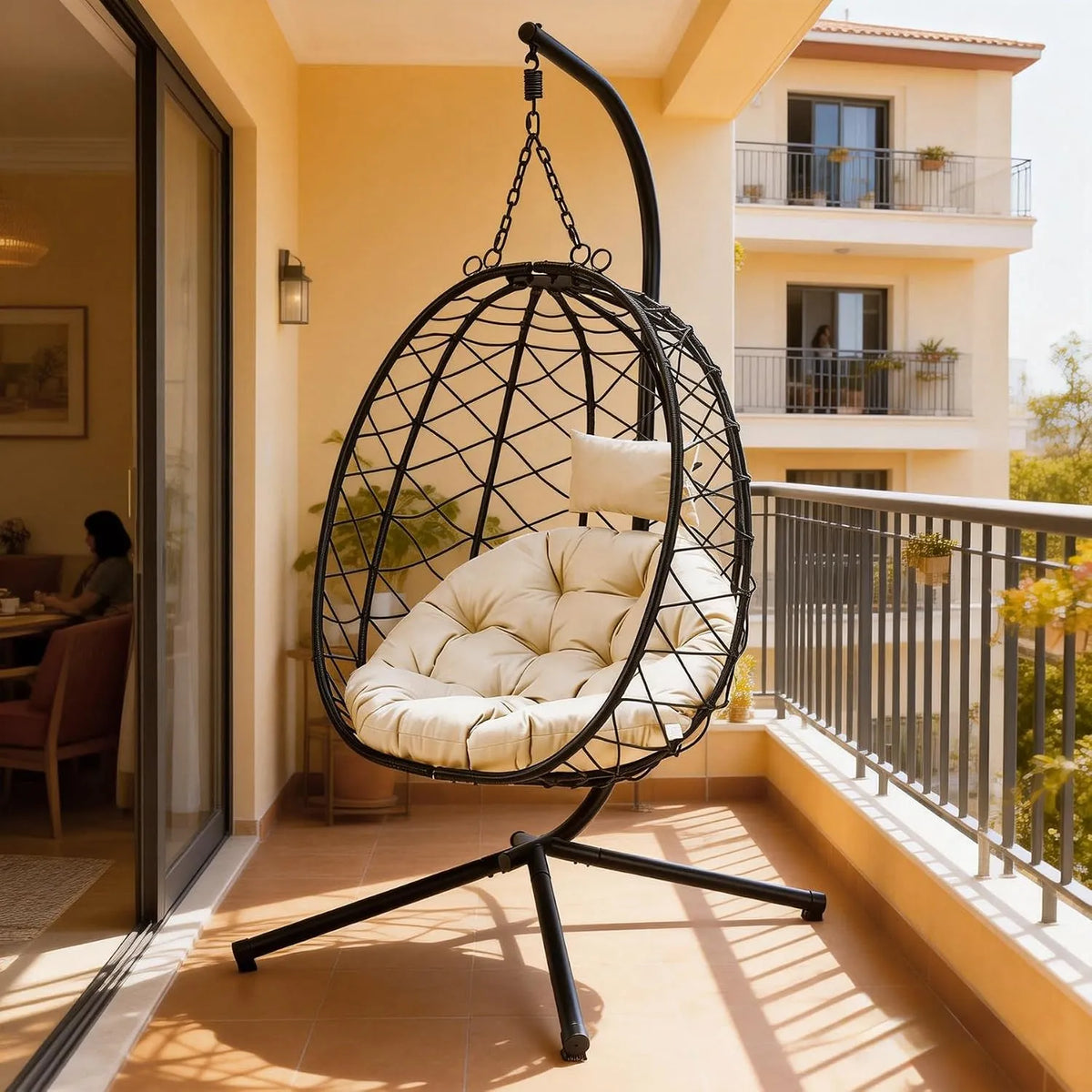 Mit Gestell Hängesessel Outdoor, Wetterfest Belastbar bis 120 kg für Indoor Outdoor Beige., Polyrattan Schaukelsessel für Garten Balkon Terrasse