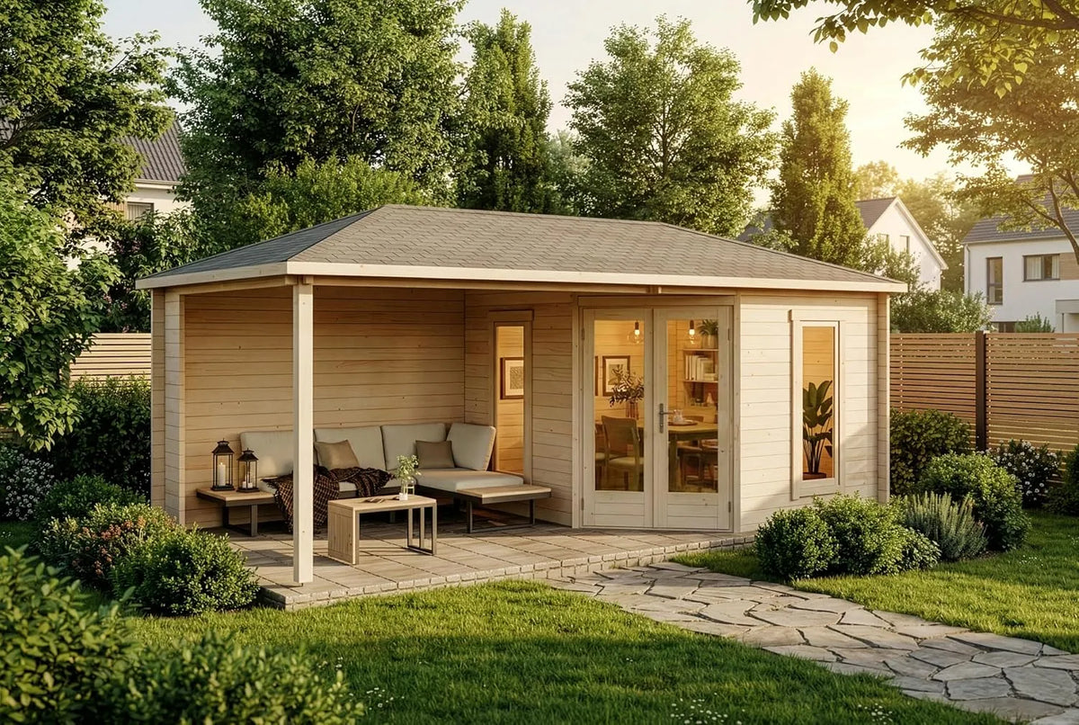 Gartenhaus, 5-Eck Liwa aus Massiv-Holz, Gerätehaus mit 28 mm Wandstärke, Geräteschuppen Größe: 595 x 300 cm, Garten Holzhaus inklusive Montagematerial