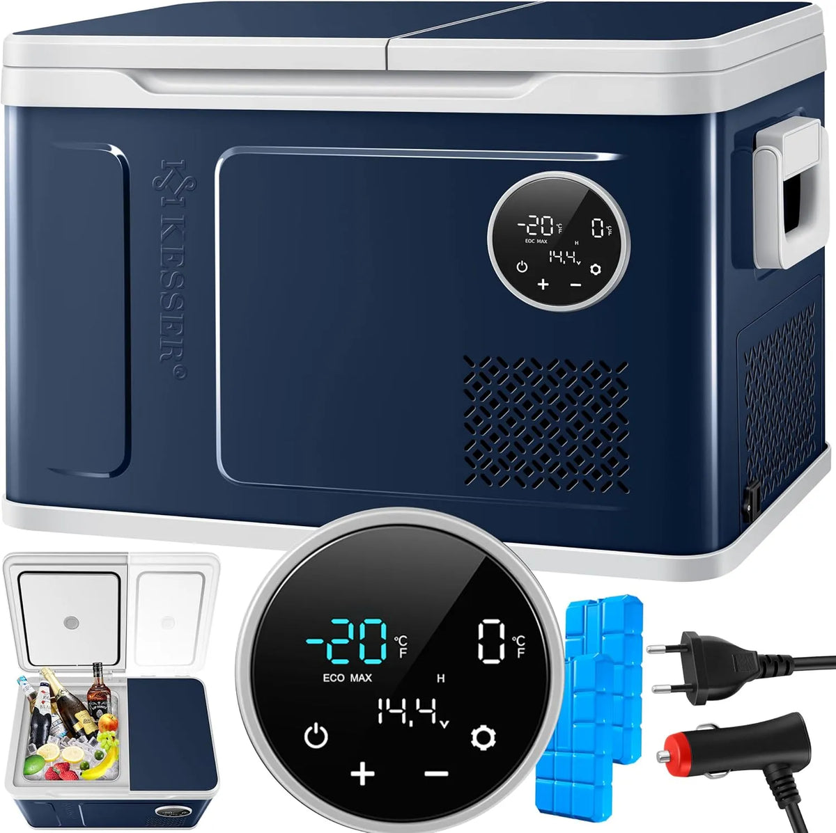 Kesser Kompressor 2in1, Kühlschrank Kühlung bis -20 °C für Camping, mit 2x Kühlakkus & LED-Touch-Bedienung, Lkw 12/24V 230V, Auto
