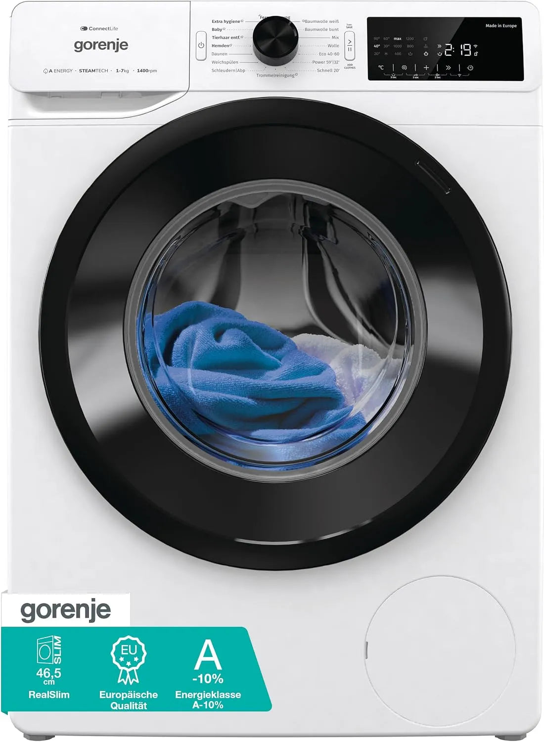 Gorenje Waschmaschine WPAM74SA1T 1400 A-10, 15 Betriebsprogramme, Slim, min, Wave Active Trommel, PowerWash, EEK: %, Gewicht 7Kg, mit Dampffunktion