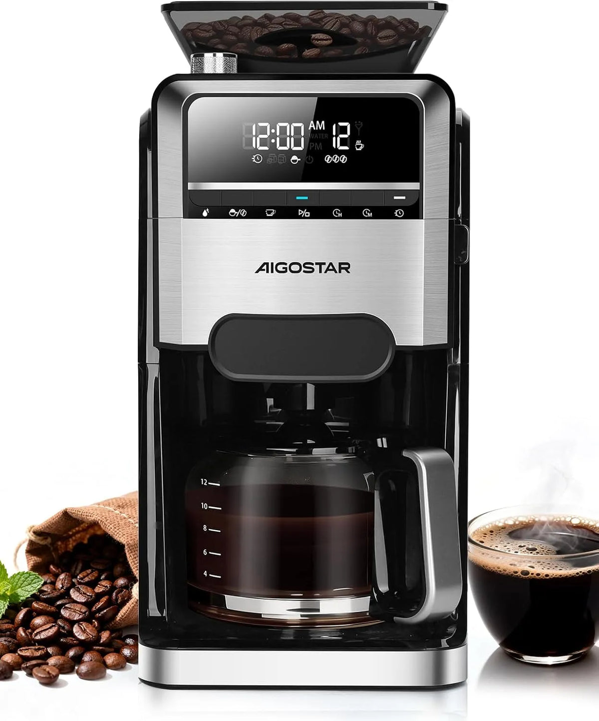 Kaffeemaschine 24H Aigostar, Fassungsvermögen 1,5 Liter Coffee Machine, Leistung 1400W Filterkaffeemaschine, 7 Mahlgrade, 3 Aroma-Stufen, 2-12 Tassen