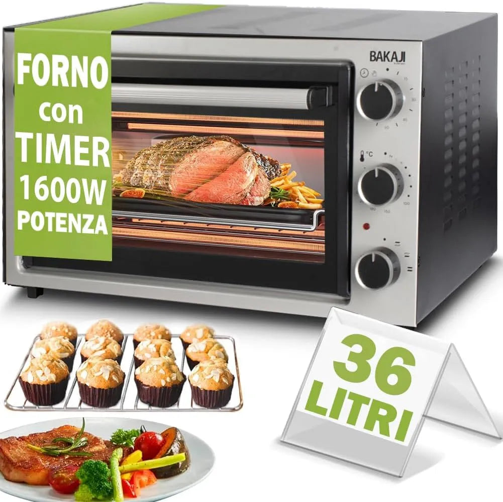 Ofen mit Umluft Bakaji Elektrischer, Leistung 1600 W, Kapazität 36 Liter, Timer-Funktion, Heizelemente aus Stahl, einstellbare Temperatur, Innenlicht