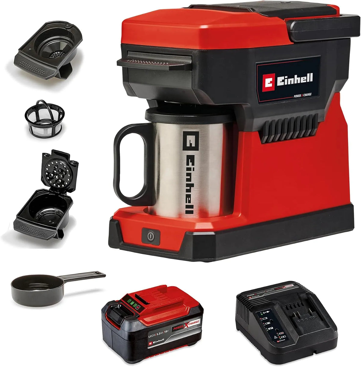 Einhell Kaffeemaschine TE-CF 18, Fassungsvermögen 240 ml Wasserbehälter, Akku Li Power X-Change, Tragegriff, Spannung 18 V, inklusive. Kaffeetasse
